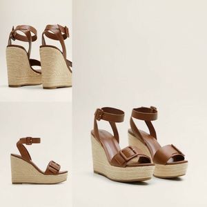 Mango Leather Wedge Buckle Sandals Brown Size 9